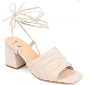 JOURNEE COLLECTION 'FELISITY' RUCHED ANKLE TIE BLOCK HEEL SANDAL LT.BEIGE 9M NEW